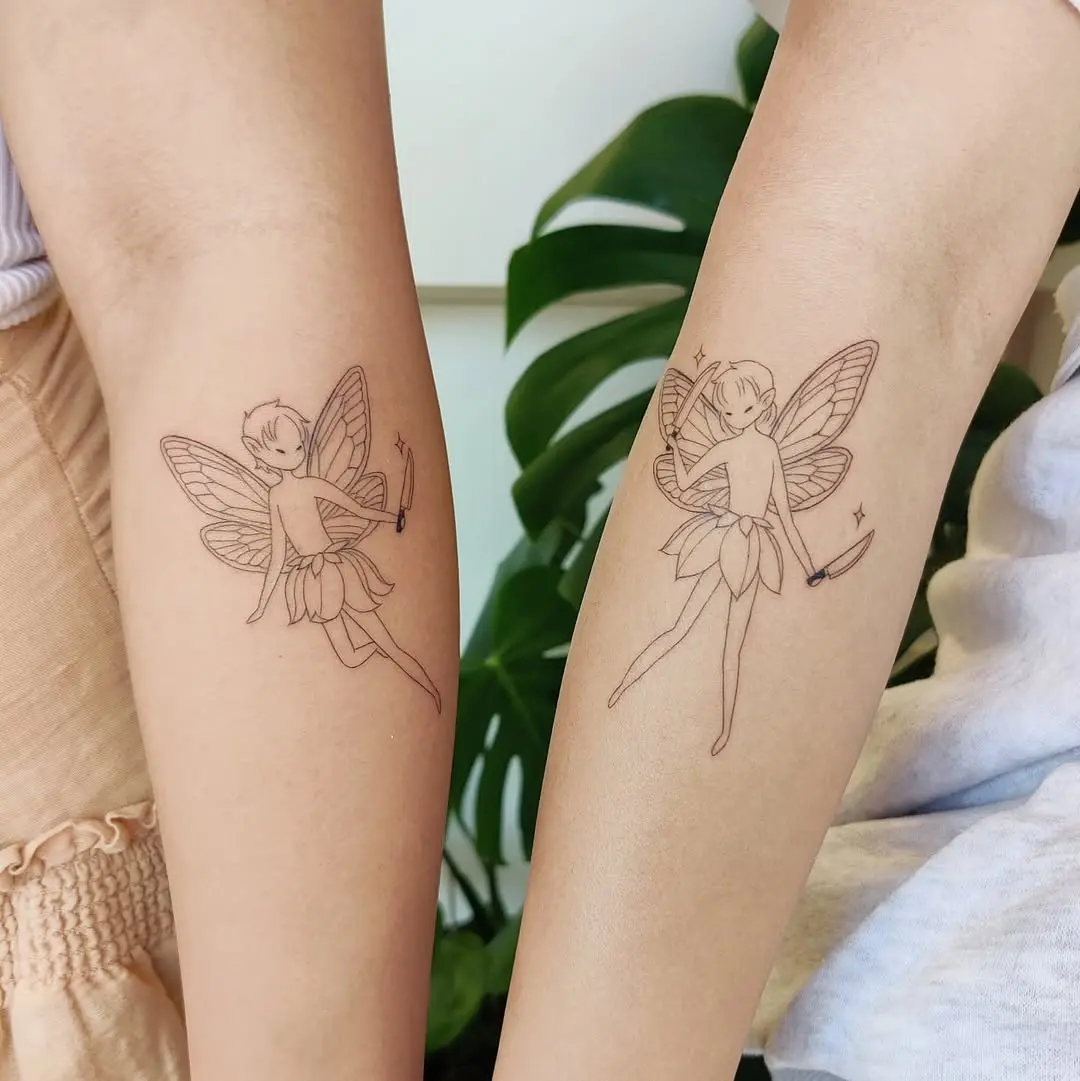 Whimsical fairy tattoos symbolize sibling bond.