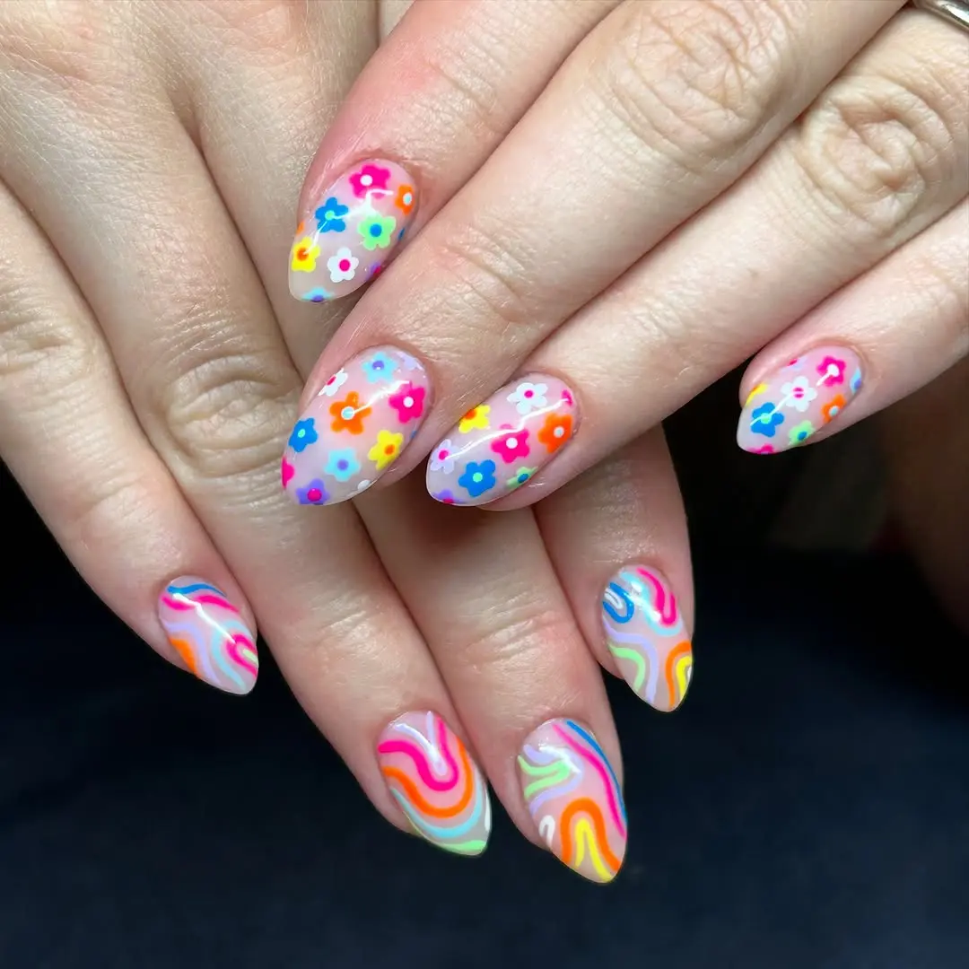 Charming Rainbow Flower Nail Art Design
