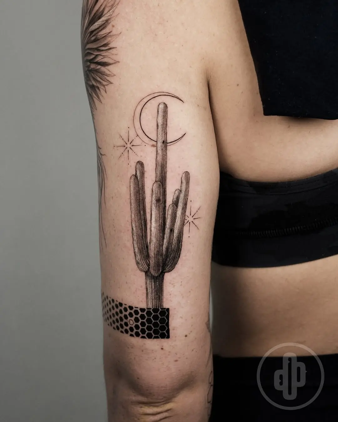 Stylish cactus tattoo design with celestial elements