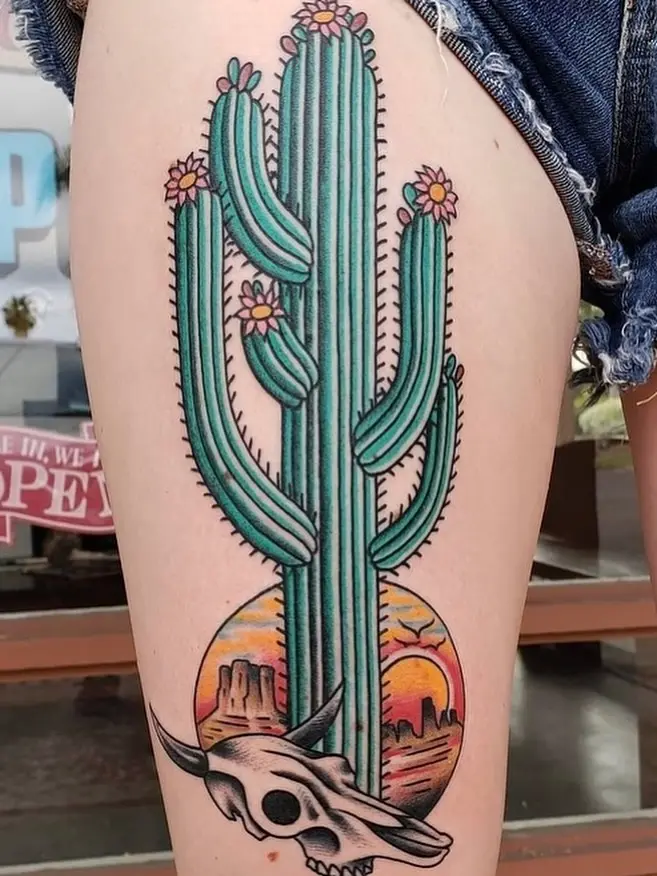 Stunning cactus and skull tattoo design
