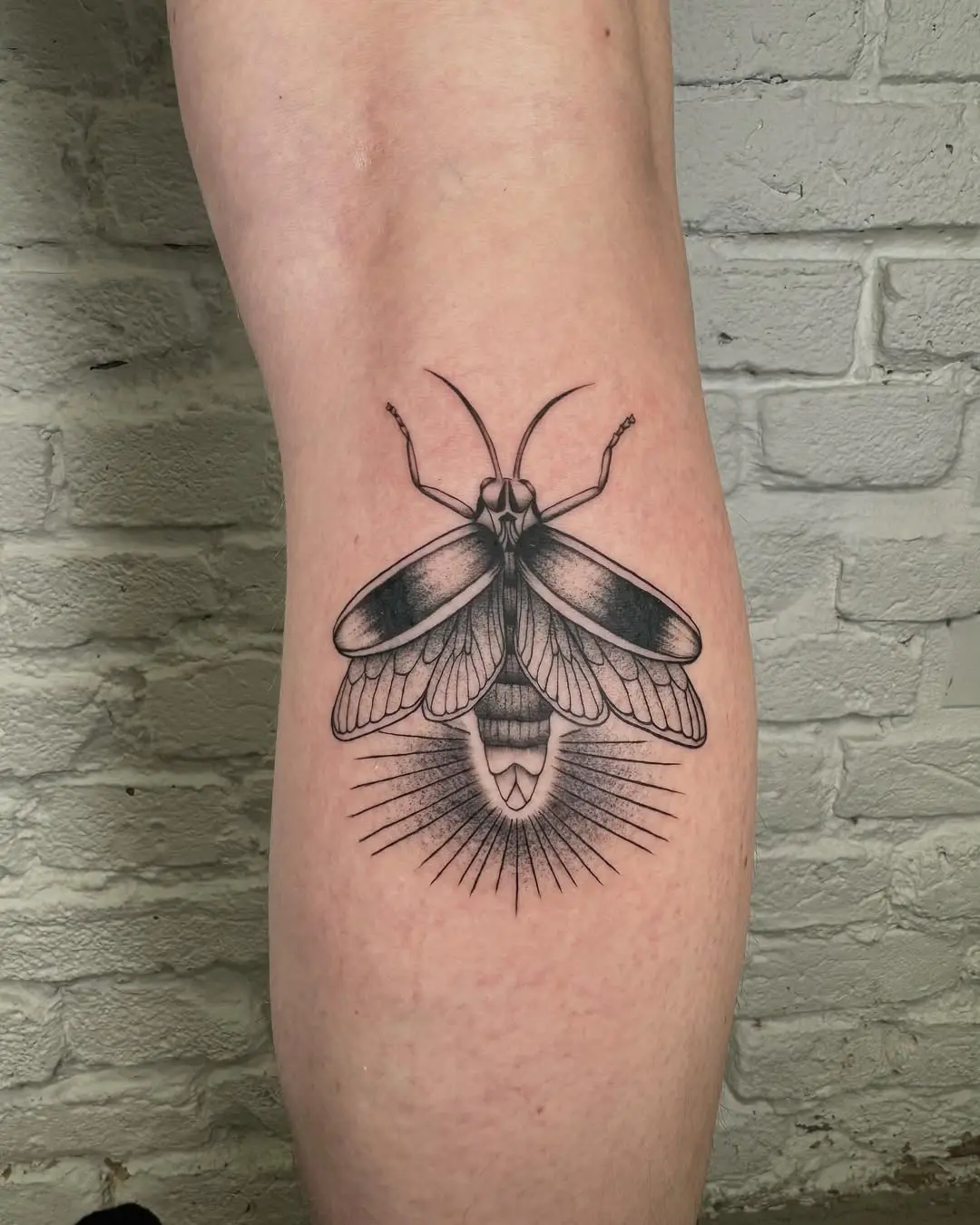 Stunning blackwork firefly tattoo on calf