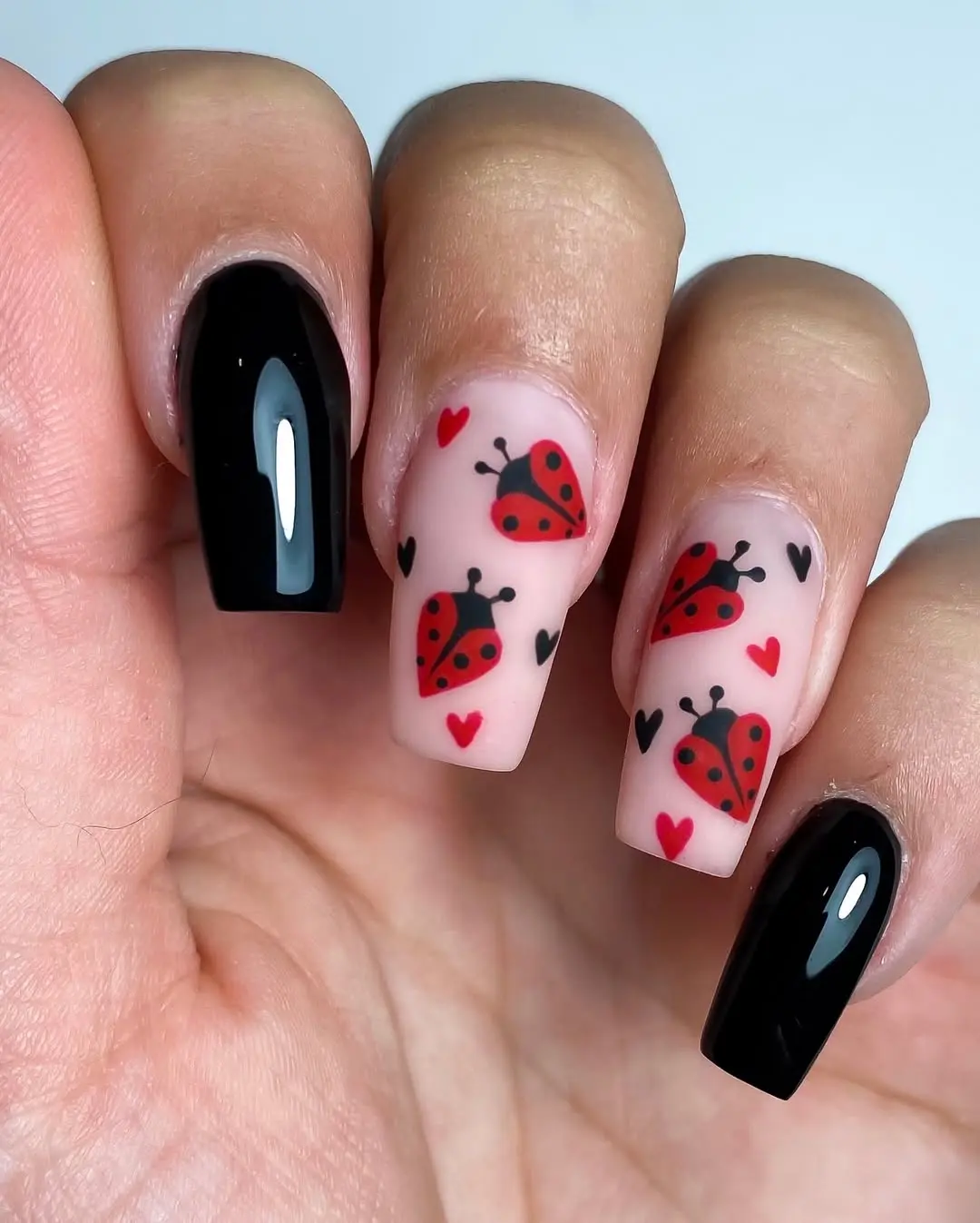 Charming Heart and Ladybug Nail Art