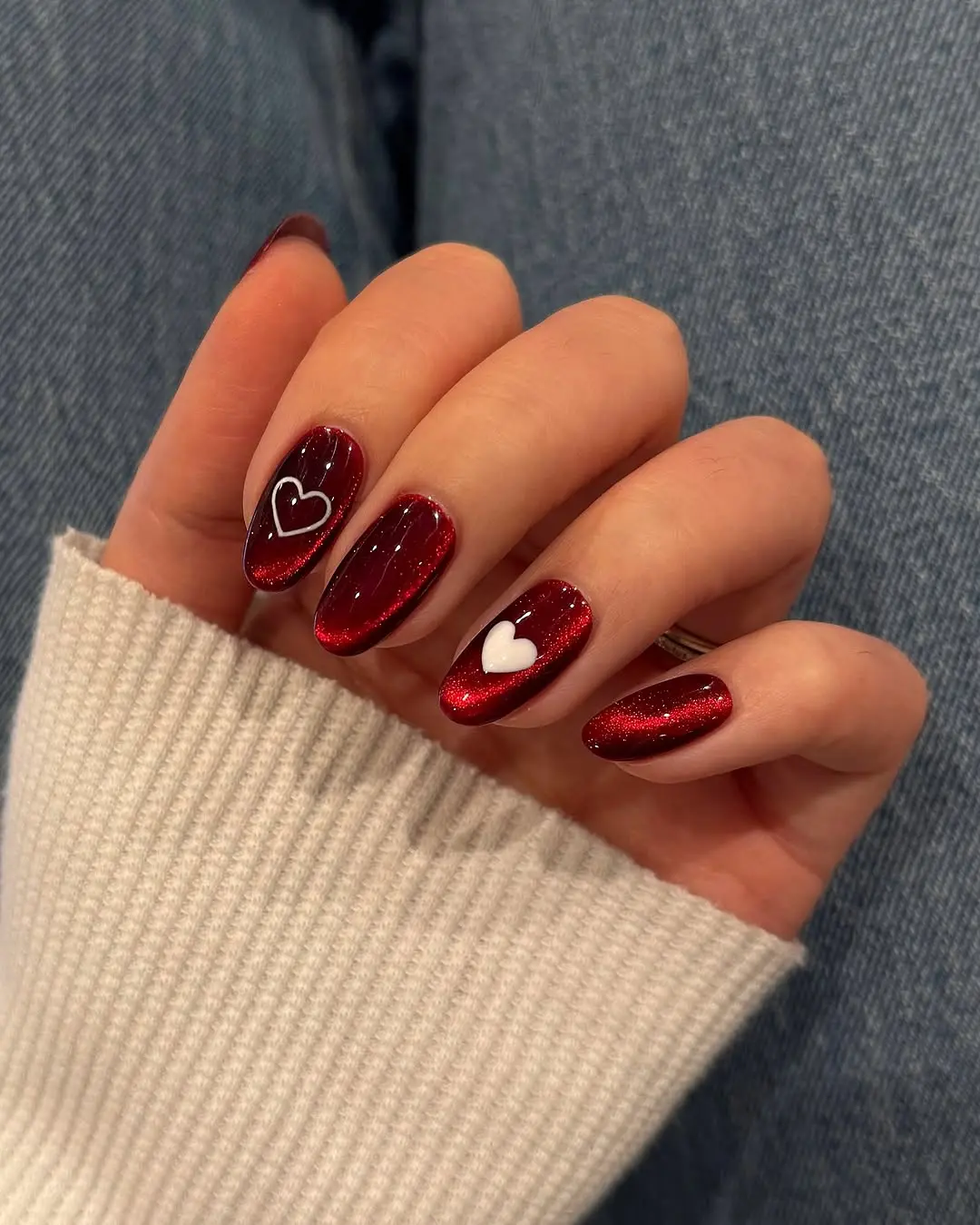 Sparkling red heart nails for vibrant vibes