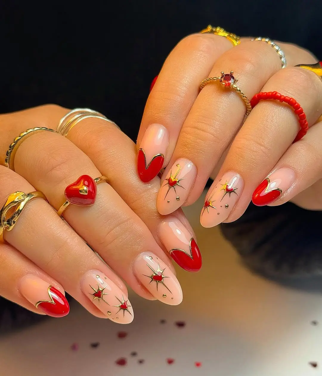 Chic heart nails with sparkling accents