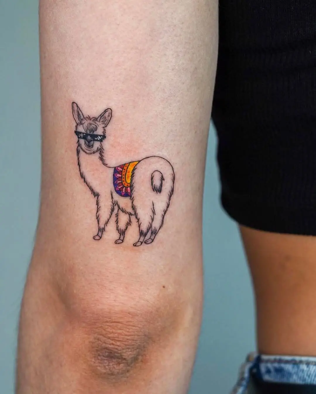Charming llama tattoo with a colorful blanket