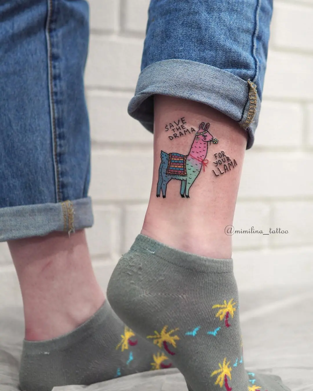 Cute and colorful llama tattoo for fun vibes