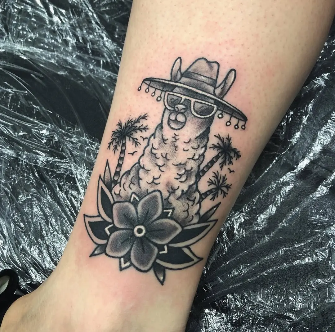 Playful llama tattoo with summer vibes