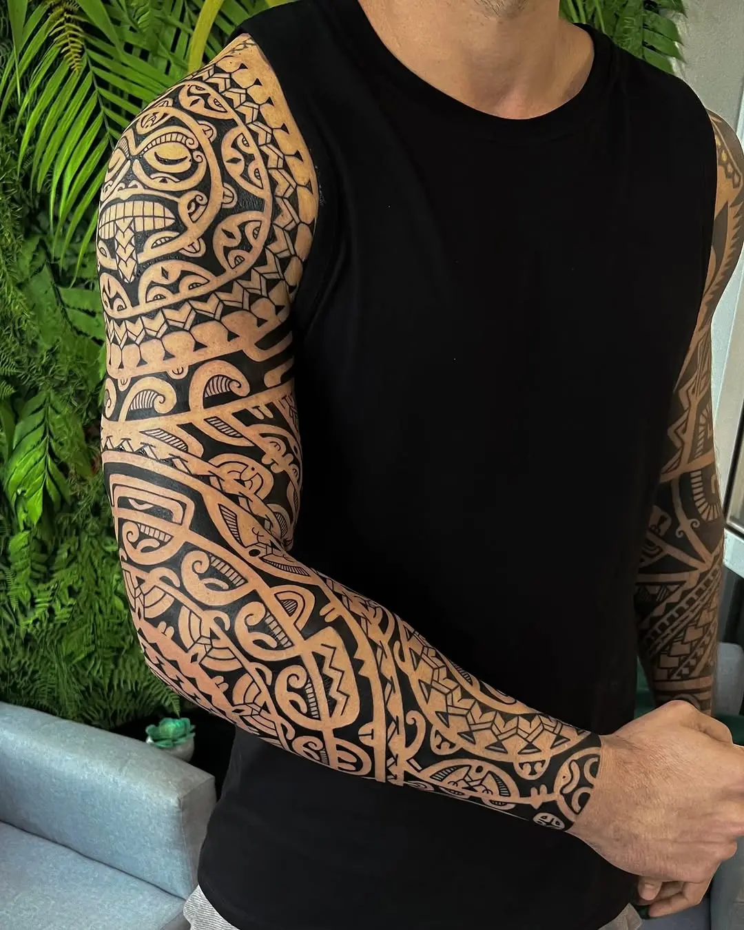 Intricate Marquesan Tattoo Sleeve Design Displayed