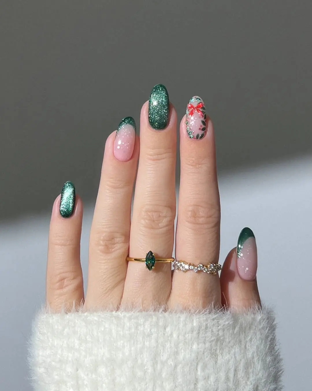 Chic Sparkly Green and Pink Nail Art