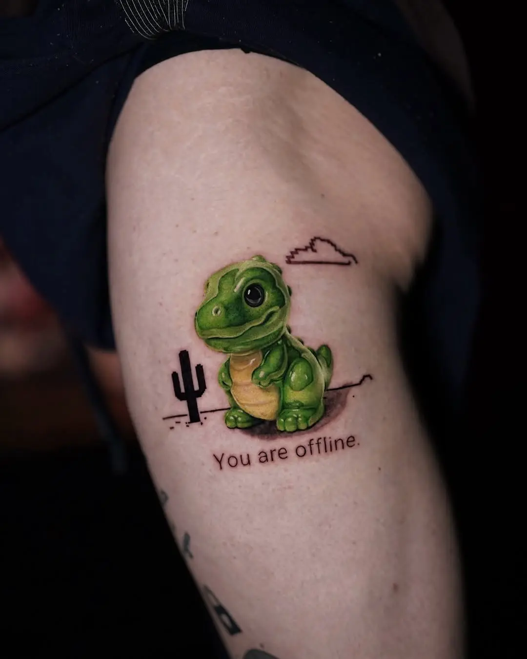 Whimsical 3D cactus tattoo with playful lizard