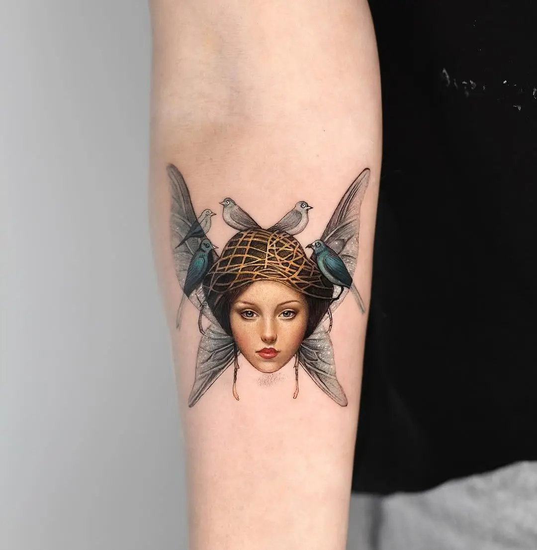Stunning Female Portrait with Insects and Doves