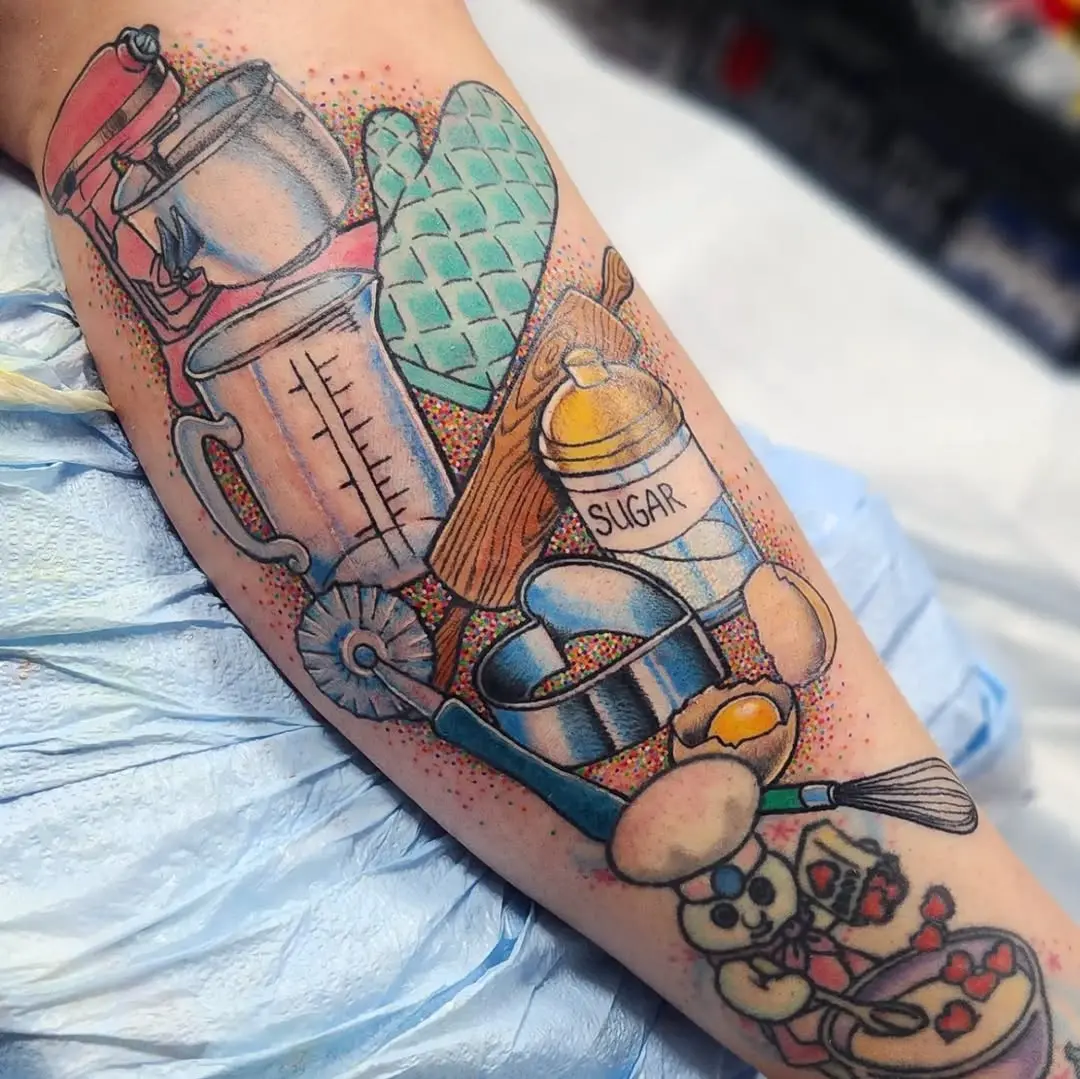 Vibrant baking tattoo showcasing kitchen essentials