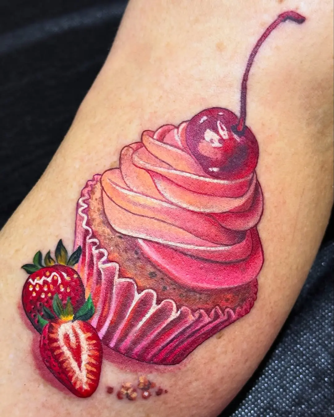Colorful Cupcake Tattoo with Cherry and Strawberry