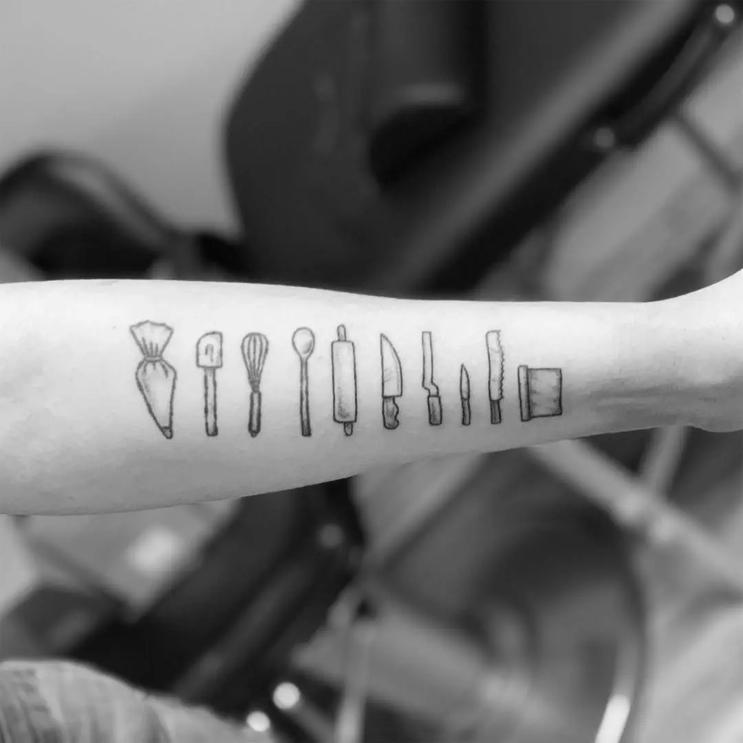 Minimalist Tattoos of Baking Tools on Forearm