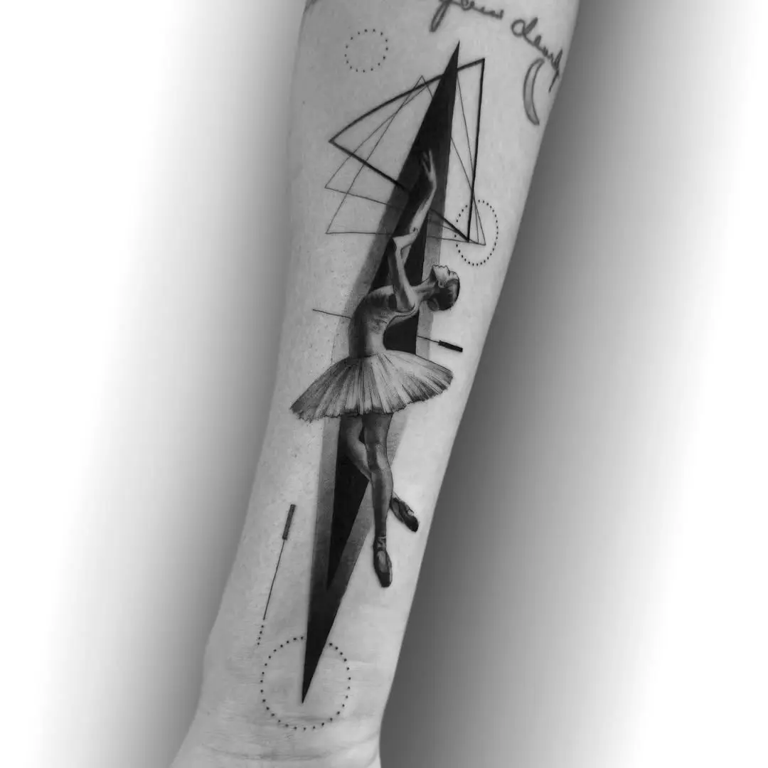 Elegant ballerina tattoo with geometric shapes