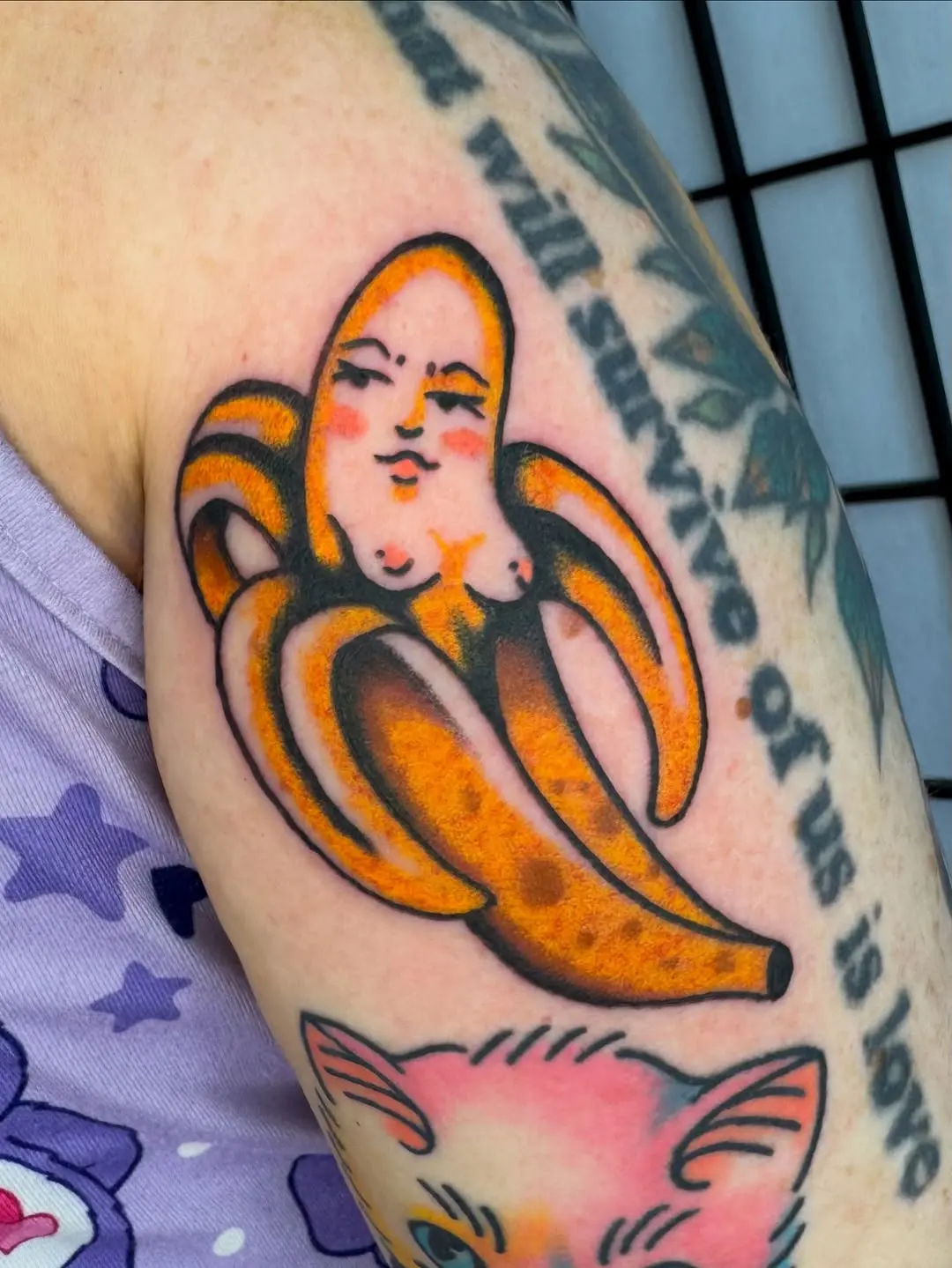 Unique cartoon-style banana tattoo design
