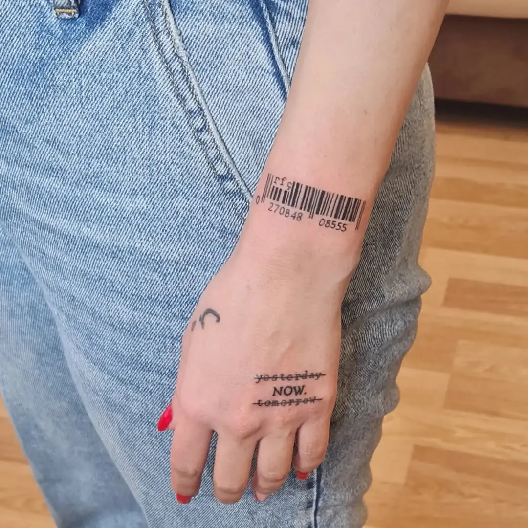 Stylish barcode tattoo on wrist and hand