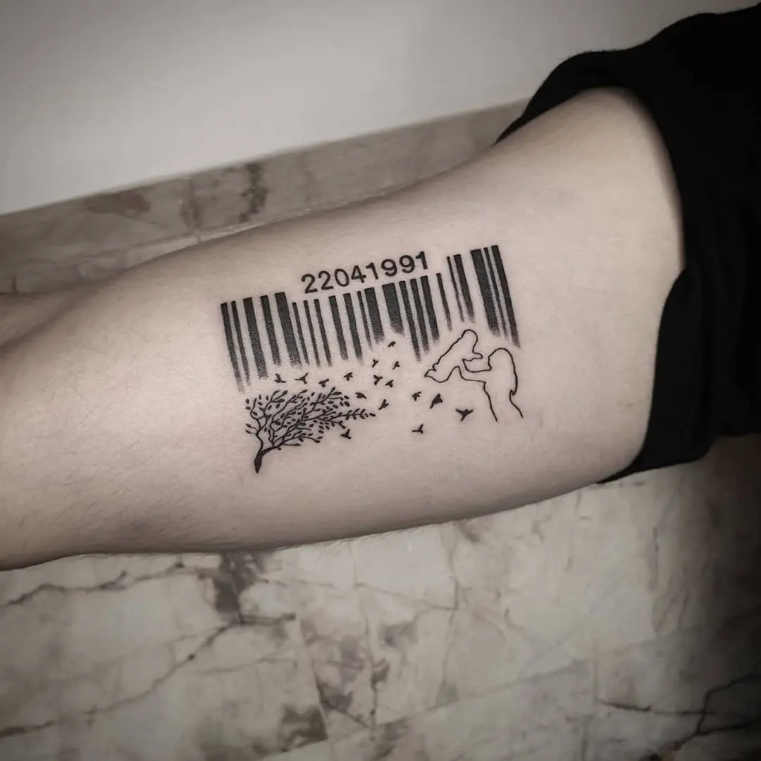 Creative barcode tattoo blending nature and art