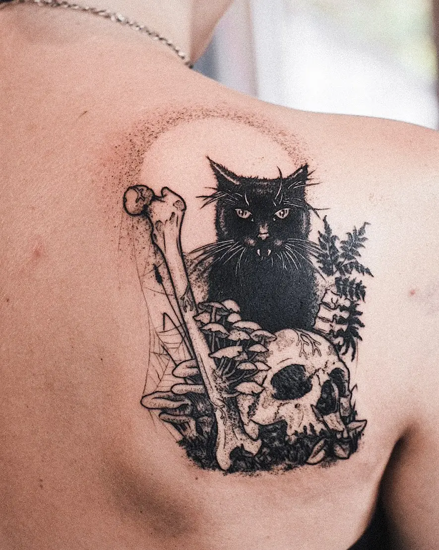 Eerie Black Cat with Skull and Bone Tattoo