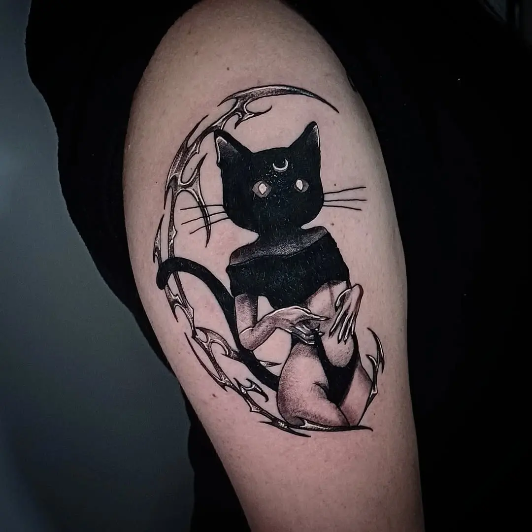Mystical black cat tattoo with elegant design