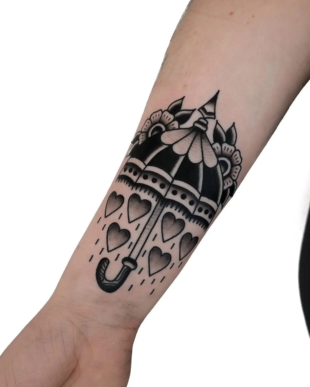 Charming minimalist umbrella tattoo design with hearts