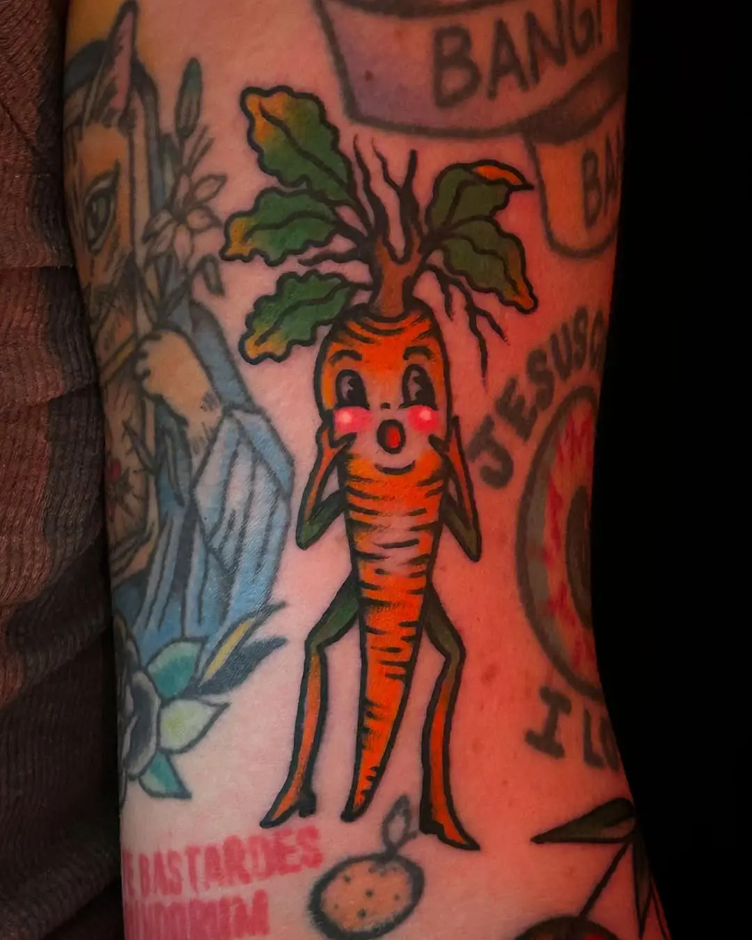 Playful carrot tattoo with vibrant expressions