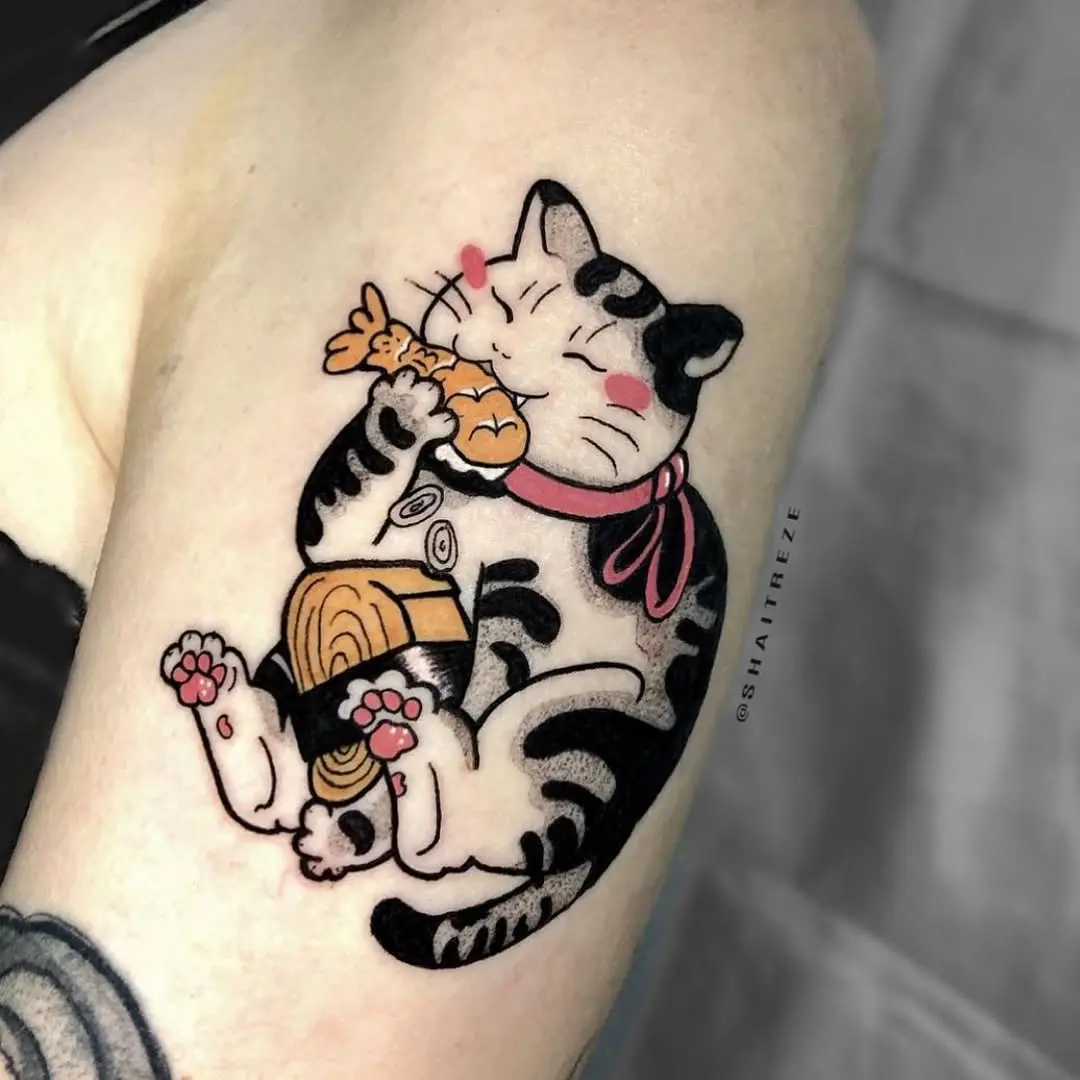 Playful cat enjoying sushi tattoo art