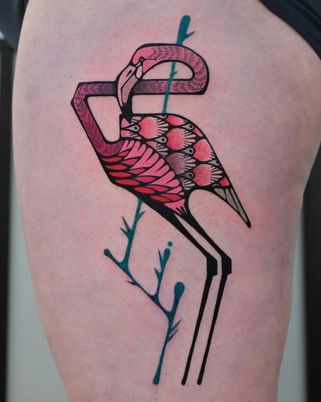 Vibrant flamingo tattoo with intricate details