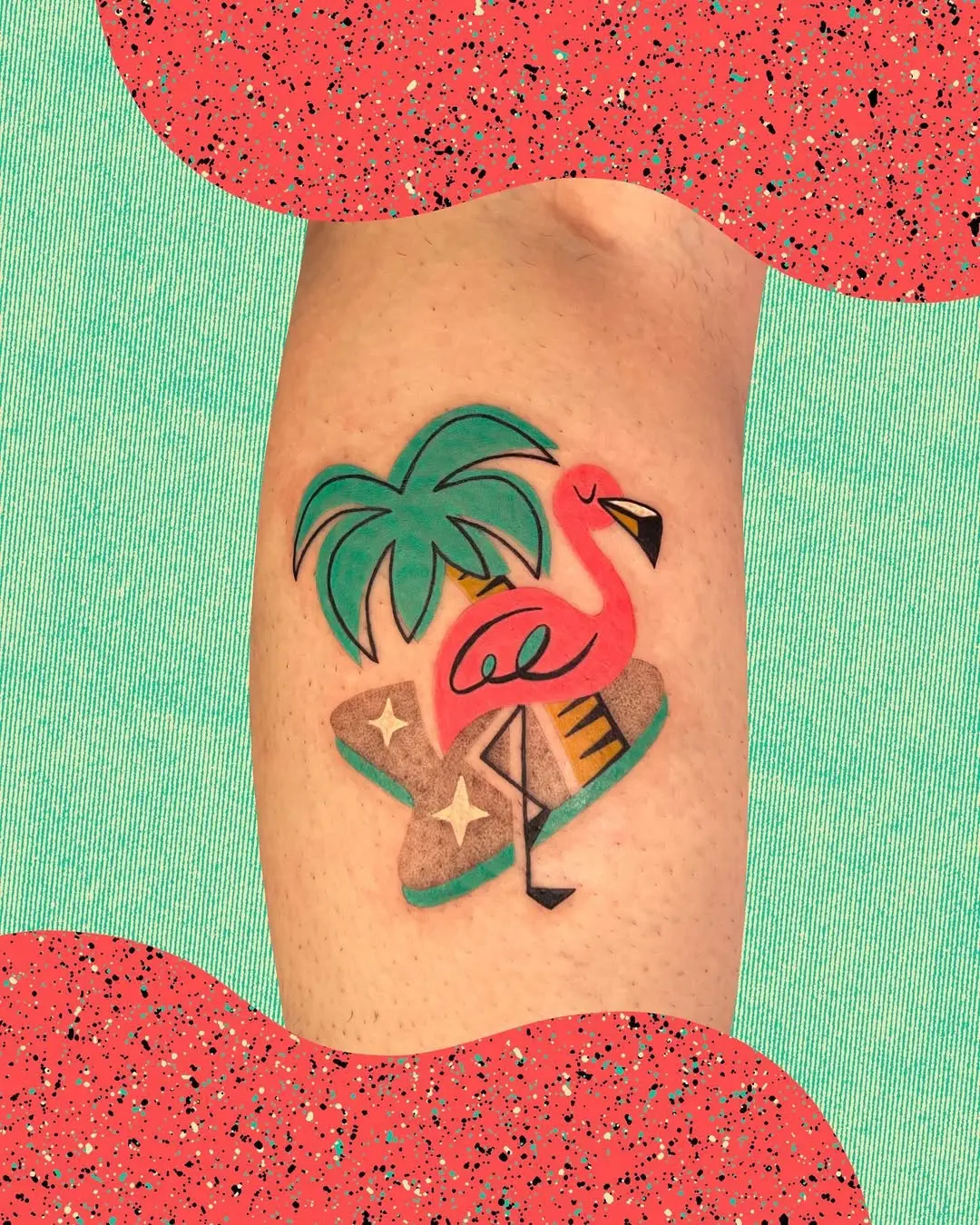 Vibrant Flamingo Tattoo Amid Palm Trees