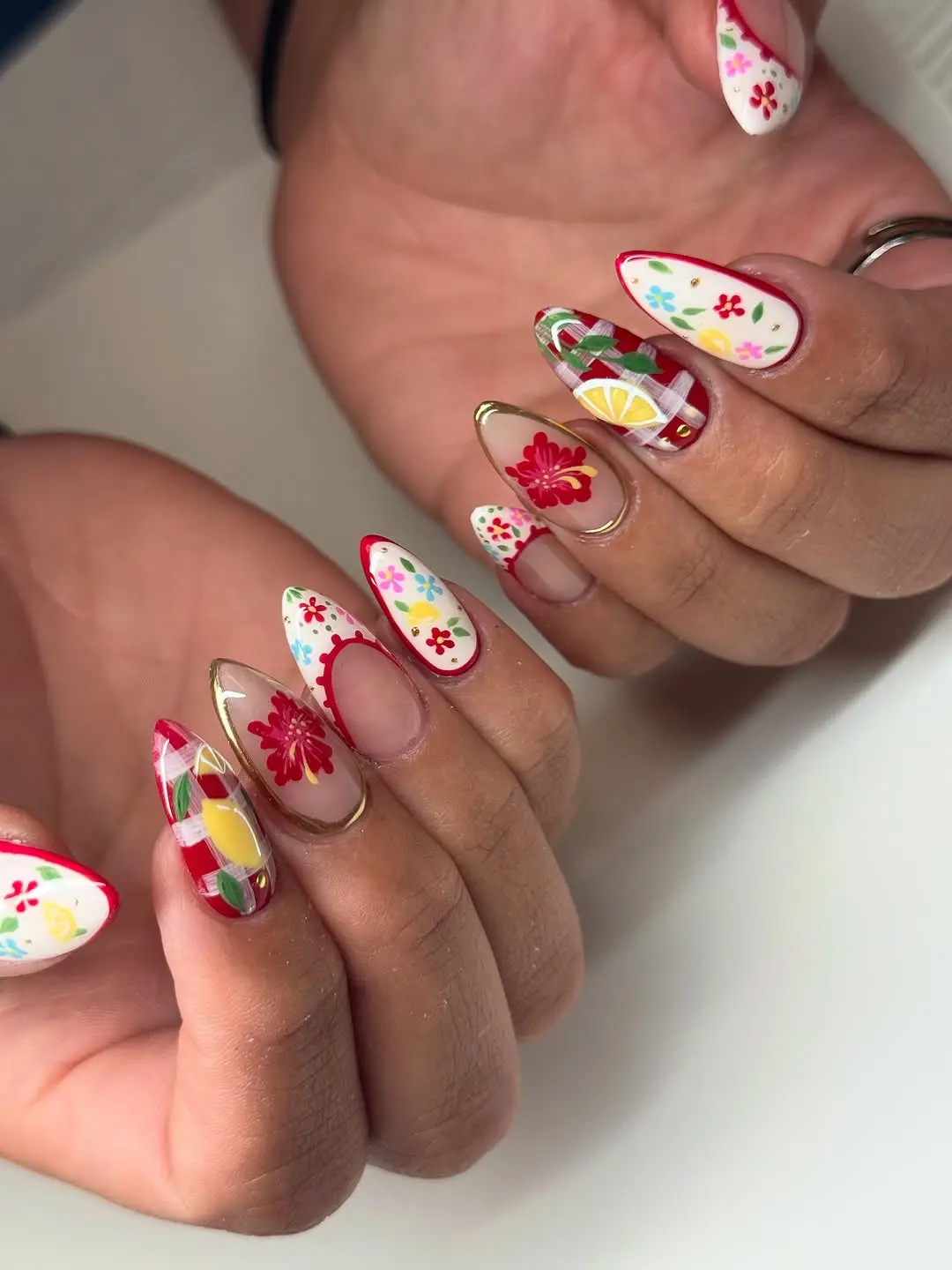 Vibrant floral designs on striking nail art