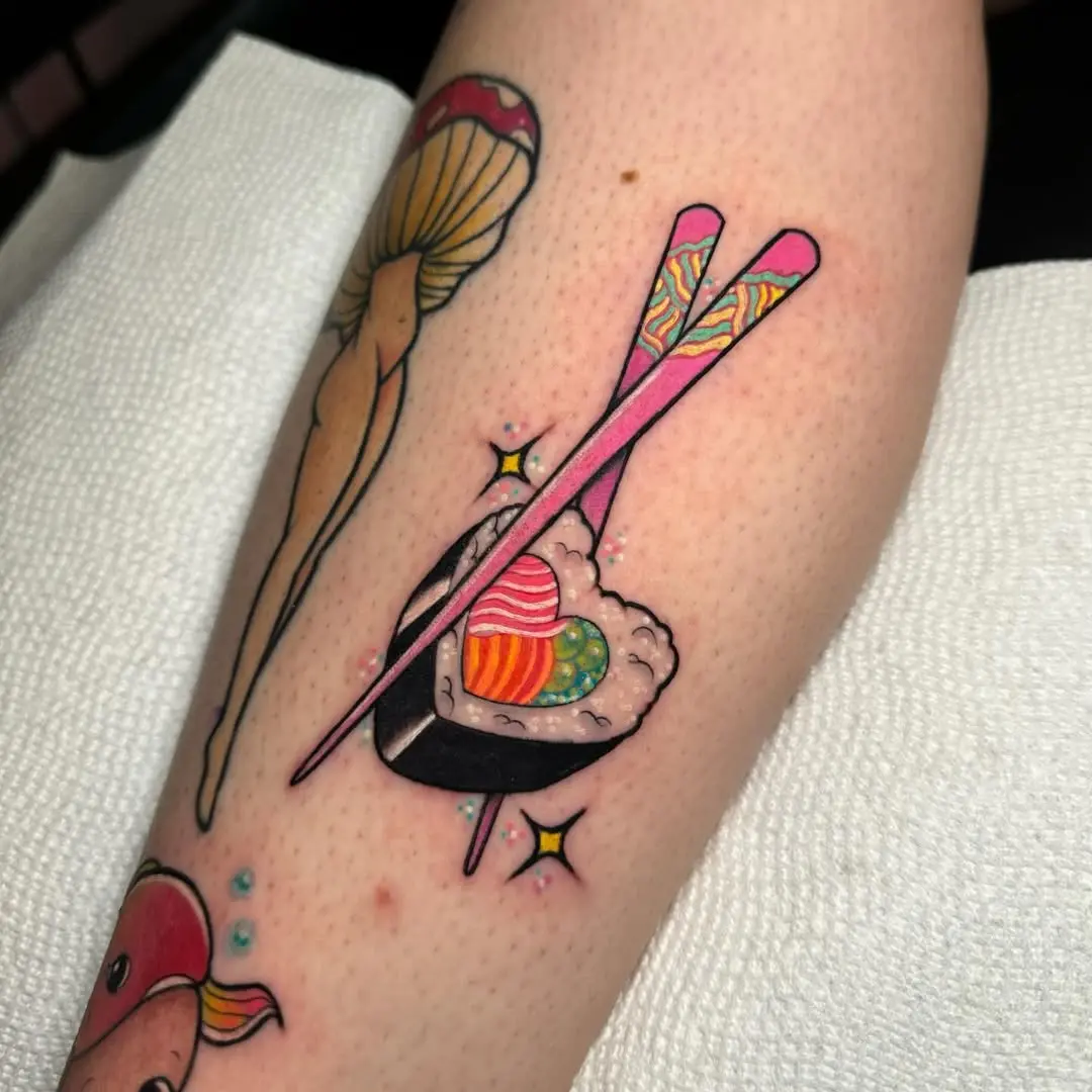Vibrant sushi tattoo with cute chopsticks