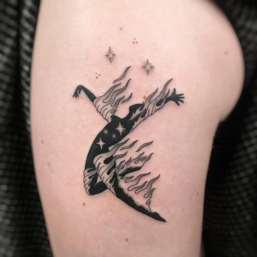 Dynamic dancer tattoo with flames and stars