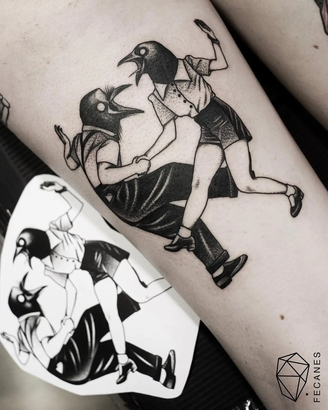 Whimsical bird-themed couple dancing tattoo