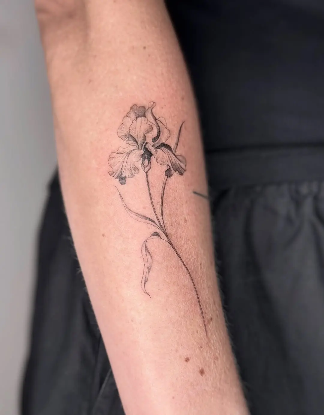 Elegant iris tattoo on a forearm