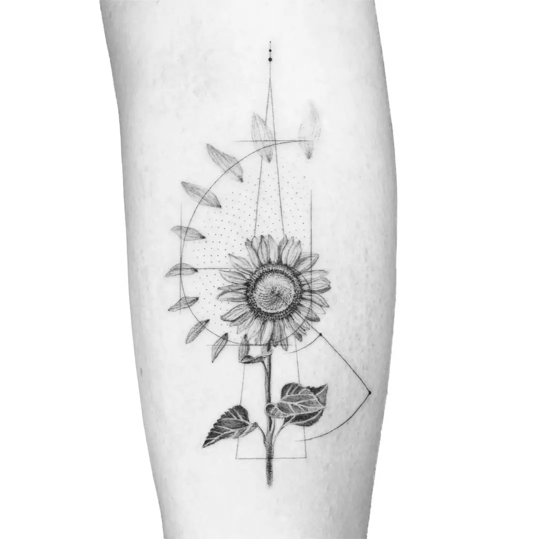 Geometric sunflower tattoo inspired by Fibonacci