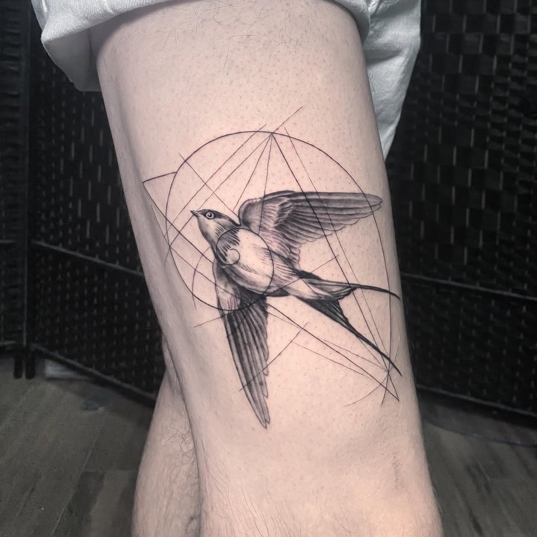 Elegant Fibonacci Swallow Tattoo with Geometric Lines