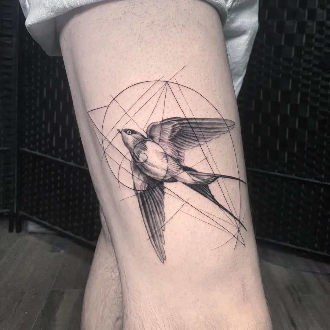 Elegant Fibonacci Swallow Tattoo with Geometric Lines