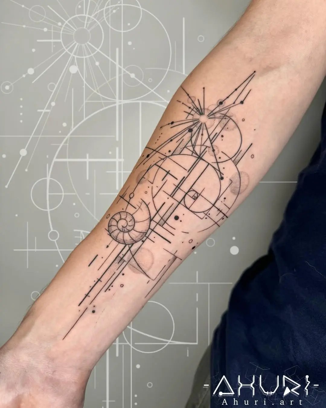 Intricate geometric Fibonacci spiral tattoo design