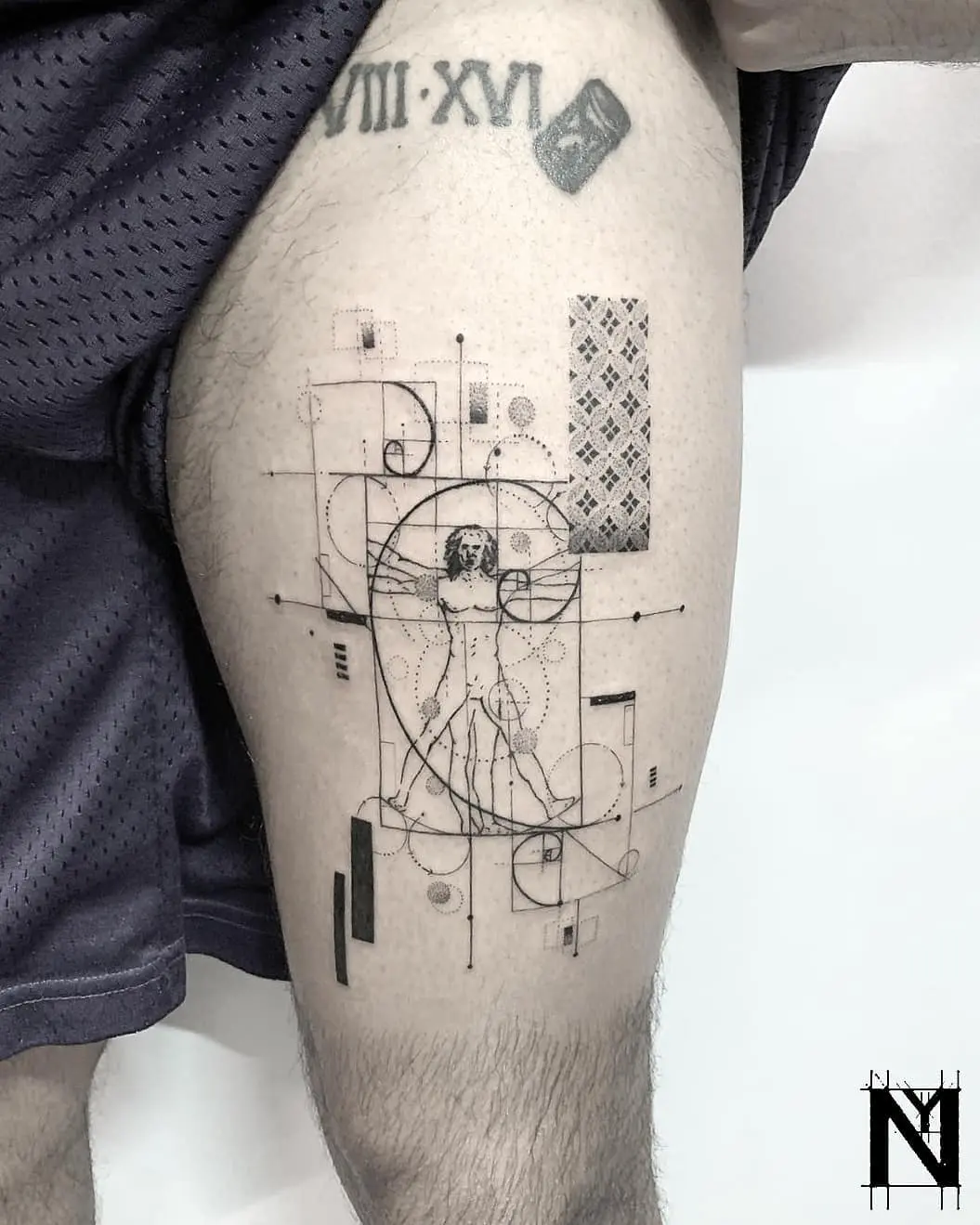 Stylish Fibonacci and Vitruvian tattoo design