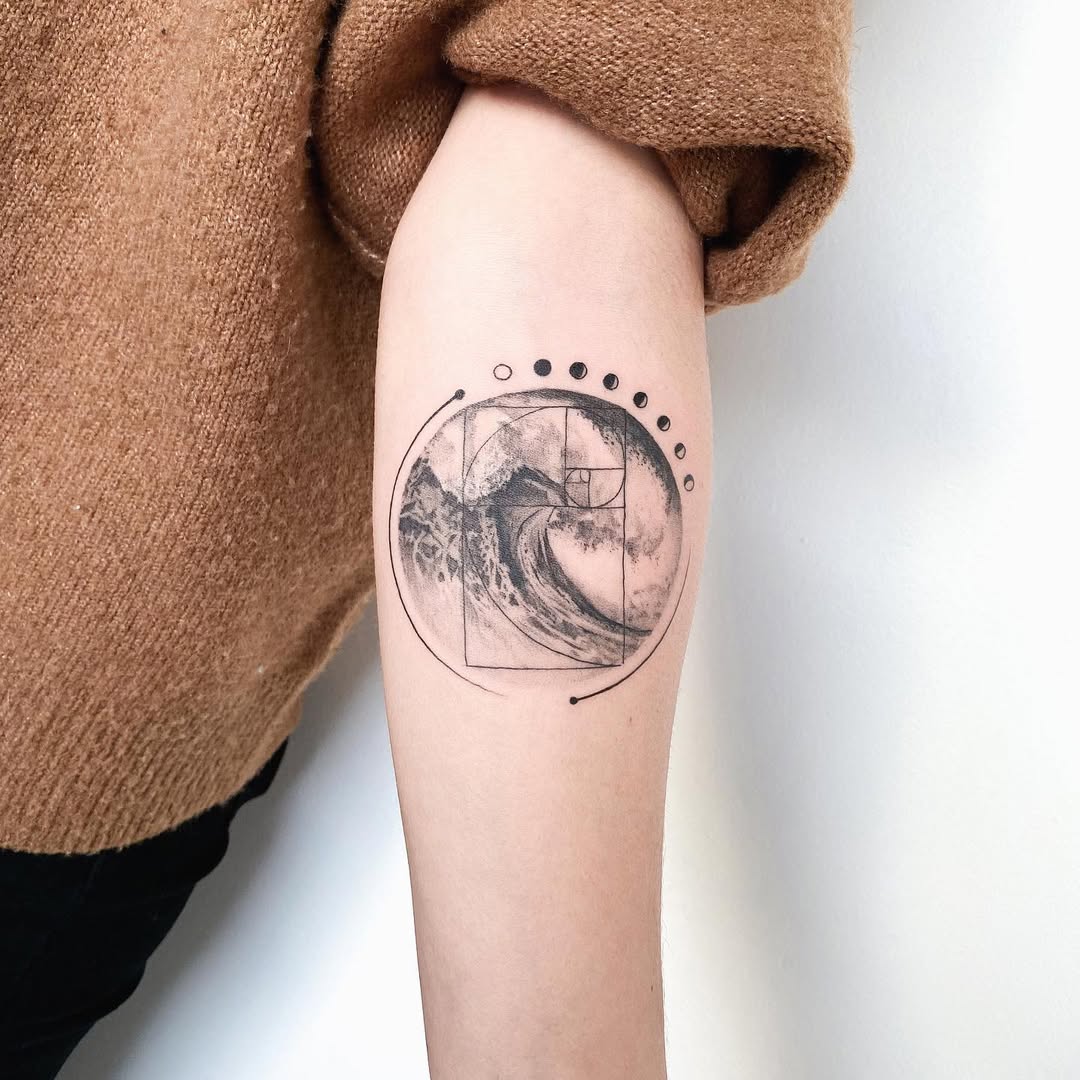 Fibonacci-inspired wave tattoo with geometric touch
