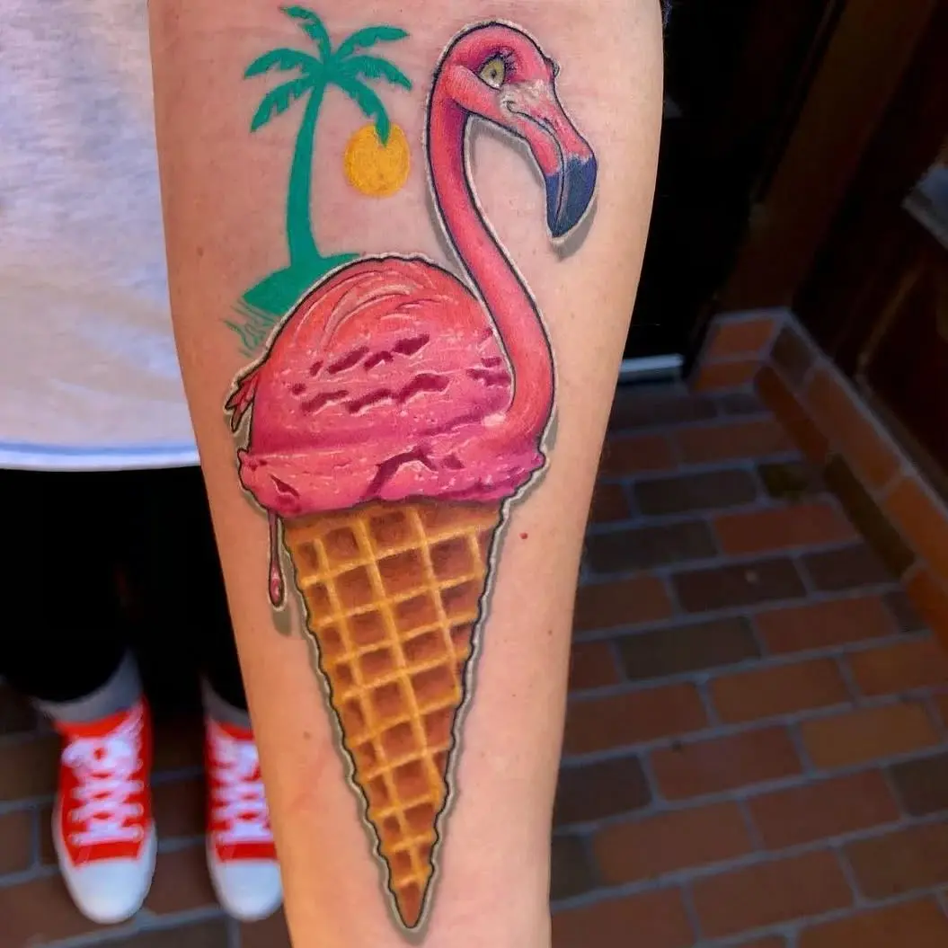 Vibrant Flamingo Ice Cream Cone Tattoo Art