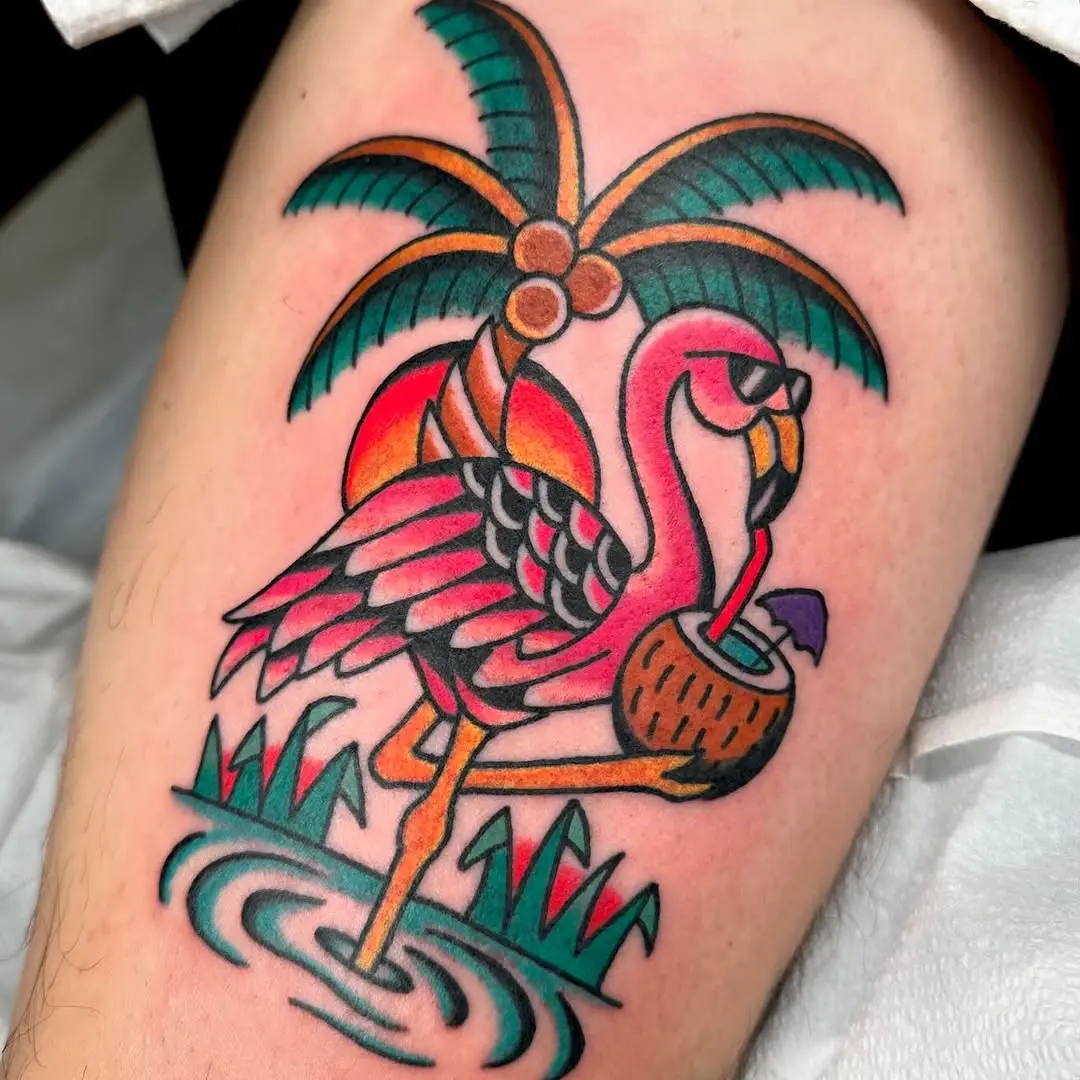 Vibrant flamingo tattoo with tropical vibes