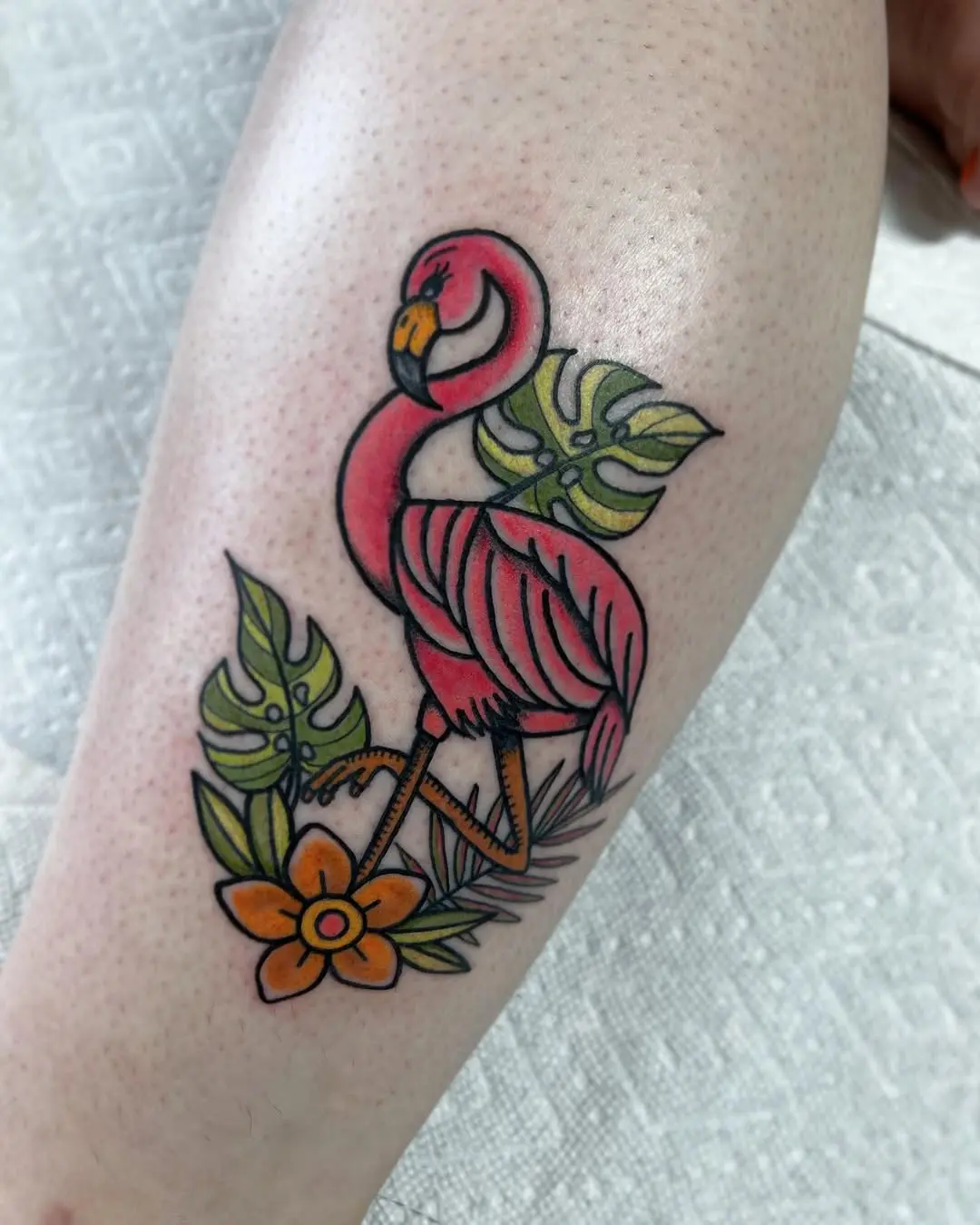 Vibrant Flamingo Tattoo with Tropical Vibes