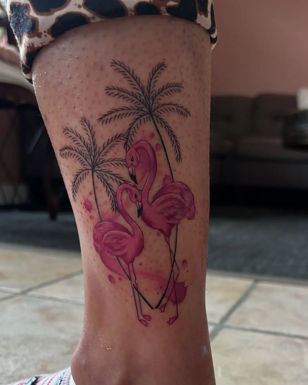 Vibrant Flamingo Tattoo with Palm Tree Vibe