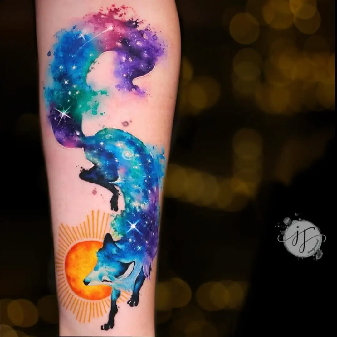 Vibrant galaxy fox tattoo with cosmic details