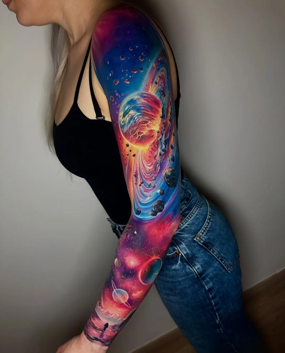 Vibrant Full Sleeve Galaxy Tattoo Design