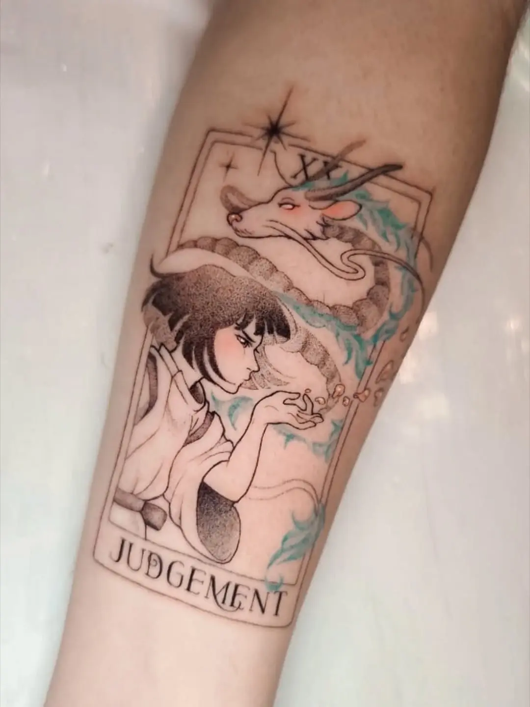 Artful interpretation of Tarot Judgement tattoo