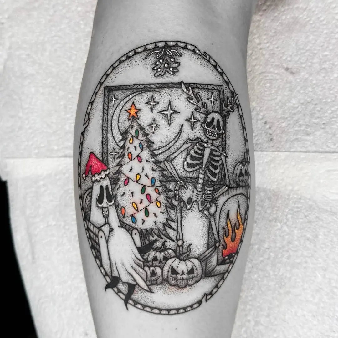 Festive ghost-themed Christmas tattoo design