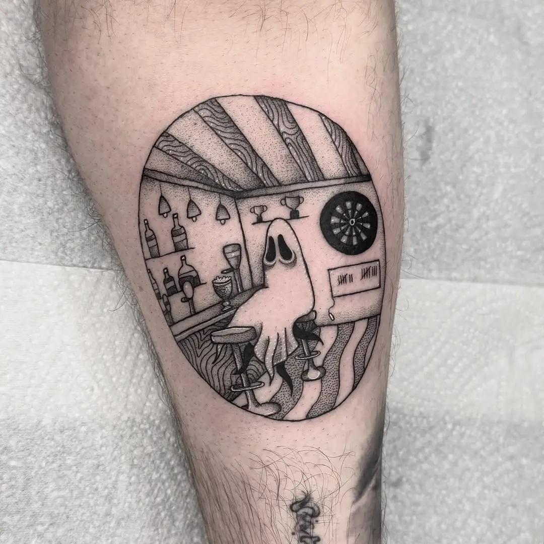 Charming ghost tattoo depicting a bar scene