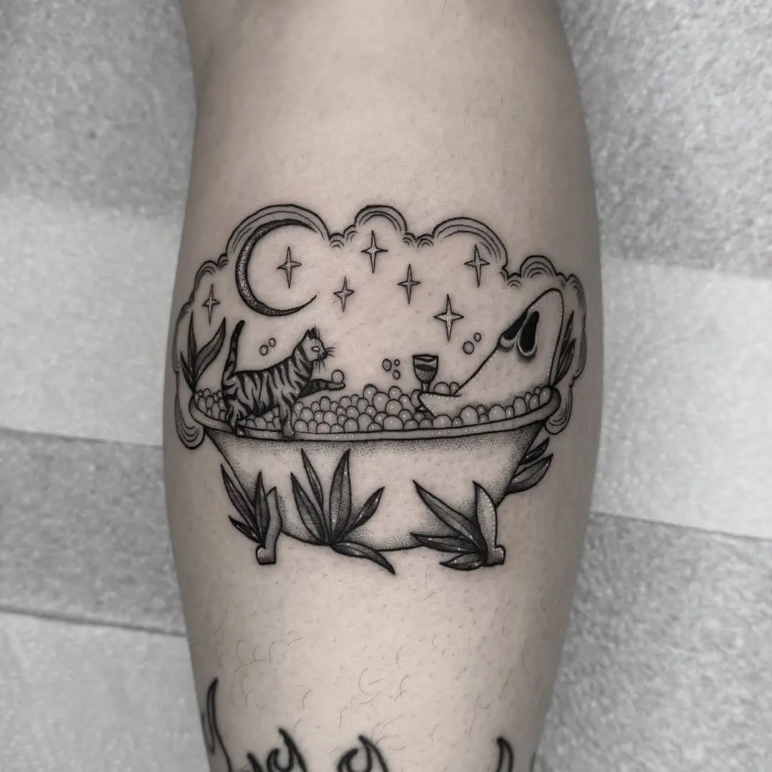 Charming ghost and cat bathtub tattoo design